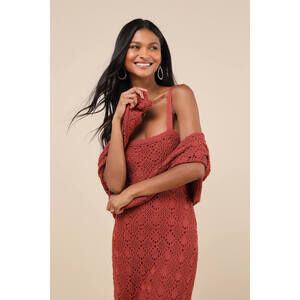 Doubled Up Cutie Rust Red Crochet Two-Piece Sweater Midi Dress